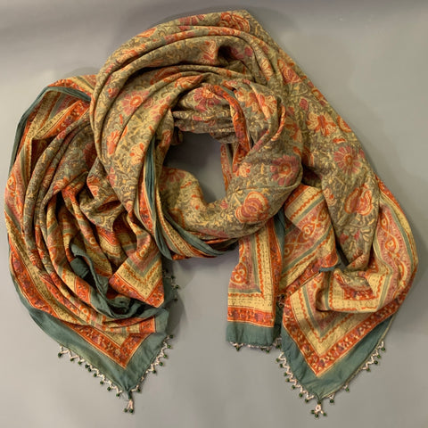ANOKHI Green Multi Color Floral Cotton Beaded Scarf Shawl