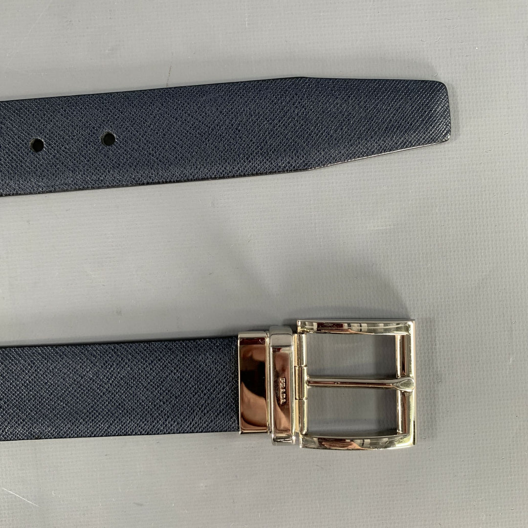 PRADA Size 40 Navy Grey Crackled Leather Belt