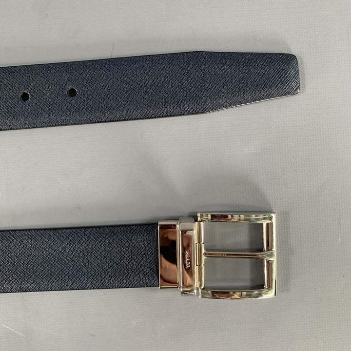 PRADA Size 40 Navy Grey Crackled Leather Belt