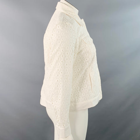 ANNE FONTAINE Size L Ugoline White Cotton Eyelet Hidden Zipper Trucker Jacket