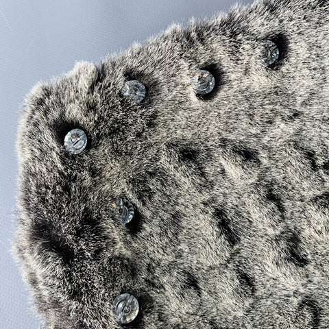 VINTAGE Grey Black Textured Faux Fur Rhinestone Scarf