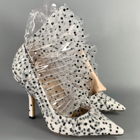 MIDNIGHT 00 Size 7.5 White Black Tulle Polka Dot Leather Trim Stiletto Heels Pumps