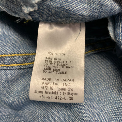 KAPITAL Size L Indigo Distressed Denim Snaps Long Sleeve Shirt