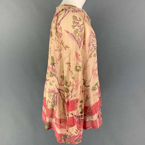 DONNA KARAN Size 6 Beige Red Cotton Silk Floral Tunic Blouse