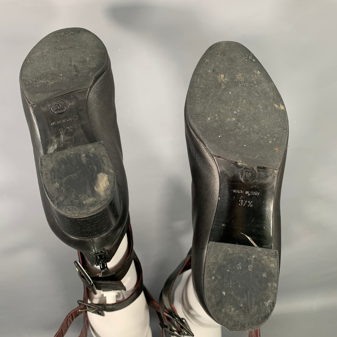 CHANEL Size 6.5 Black Leather Knee High Buckles Boots