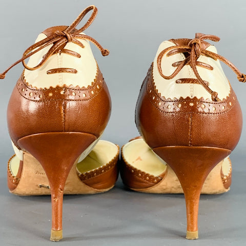 ALEXANDRA NEEL Size 7 Brown Cream Perforated Pointed Toe D'Orsay Kitten Heel Pumps