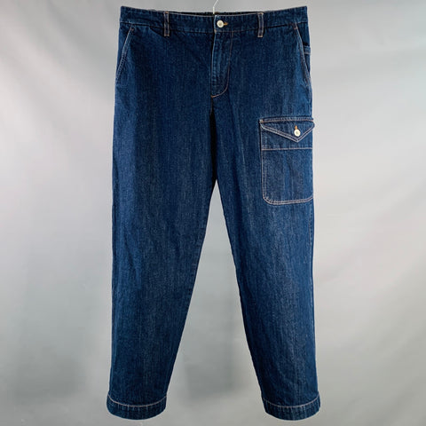 BARENA Size 34 Indigo Twill Cotton Tapered Cargo Jeans