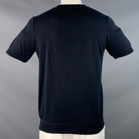 PRADA Size L Navy White Logo Cashmere Wool Jersey Short Sleeve Crew Neck Pullover