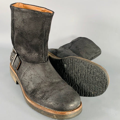 MAISON MARTIN MARGIELA Size 8 Black Distressed Roughout Leather Buckle Ankle Boots