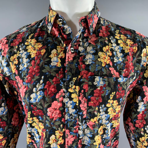 PAUL SMITH Size M Black Pink Floral Cotton Long Sleeve Shirt