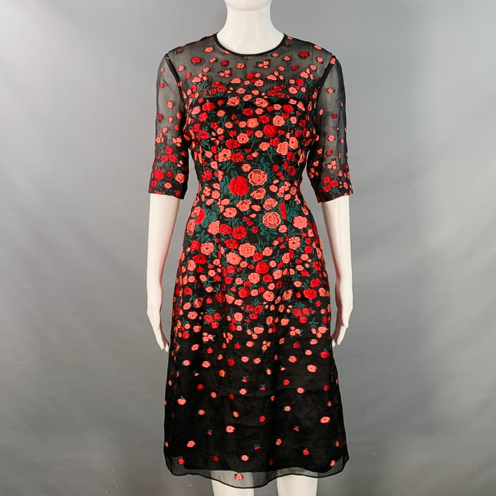 LELA ROSE Size 6 Black Red Silk Blend Floral Evening Cocktail Dress