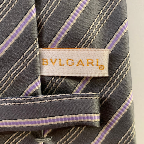 BVLGARI Grey Lavender Diagonal Stripe Silk Tie