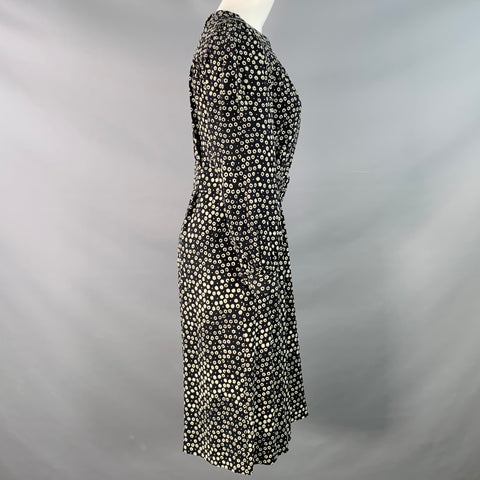 A.P.C. Size 2 Black White Viscose Floral Long Sleeve Belted Knee Length Dress