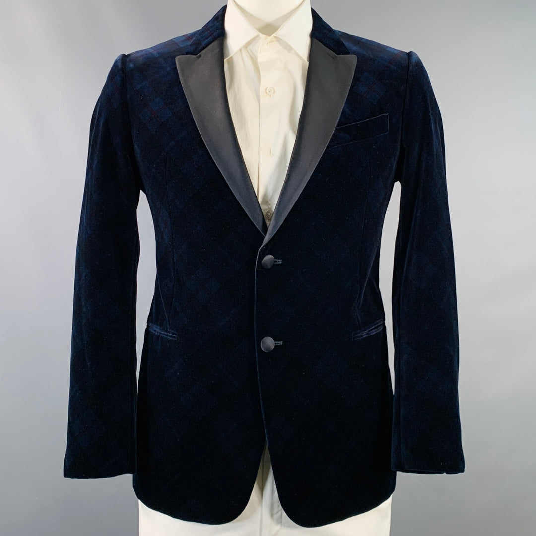 ARMANI COLLEZIONI Size 42 Navy Black Plaid Cotton Velvet Peak Lapel Sport Coat