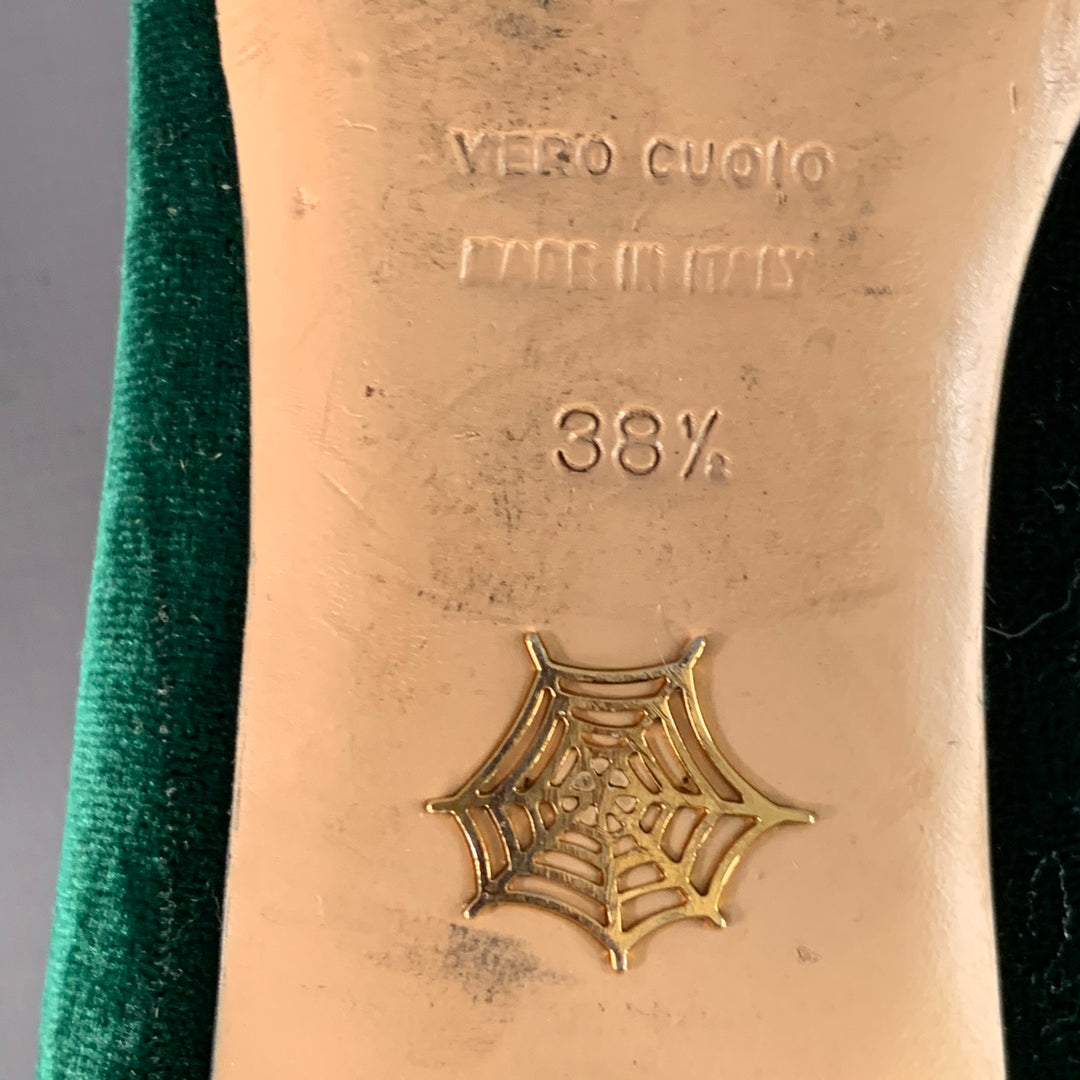 CHARLOTTE OLYMPIA Size 8.5 Green Gold Velvet Embroidered Kitty Slip On Flats