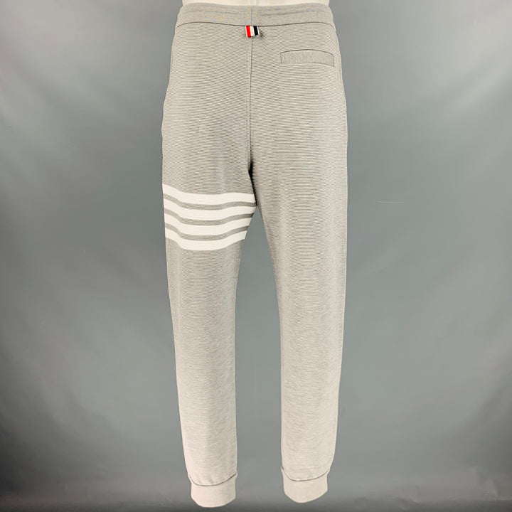 THOM BROWNE Taille L -Ottoman 4 Bar- Pantalon de survêtement en coton côtelé gris blanc Pantalon décontracté