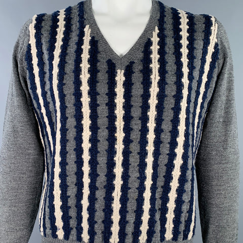 DRIES VAN NOTEN Size XL Grey Navy Cream Stripe Wool V-Neck Pullover