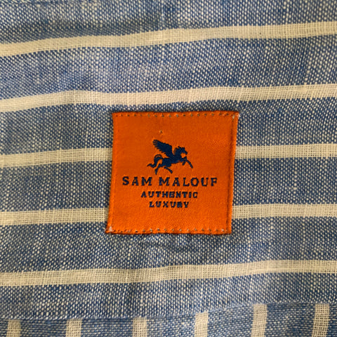 SAM MALOUF Size L Blue White Stripe Linen Pointed Collar Long Sleeve Shirt