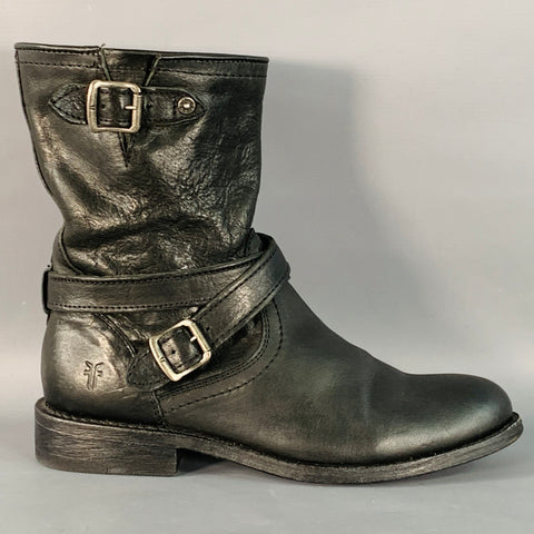 FRYE Size 6.5 Black Leather Pull On Biker Buckle Boots