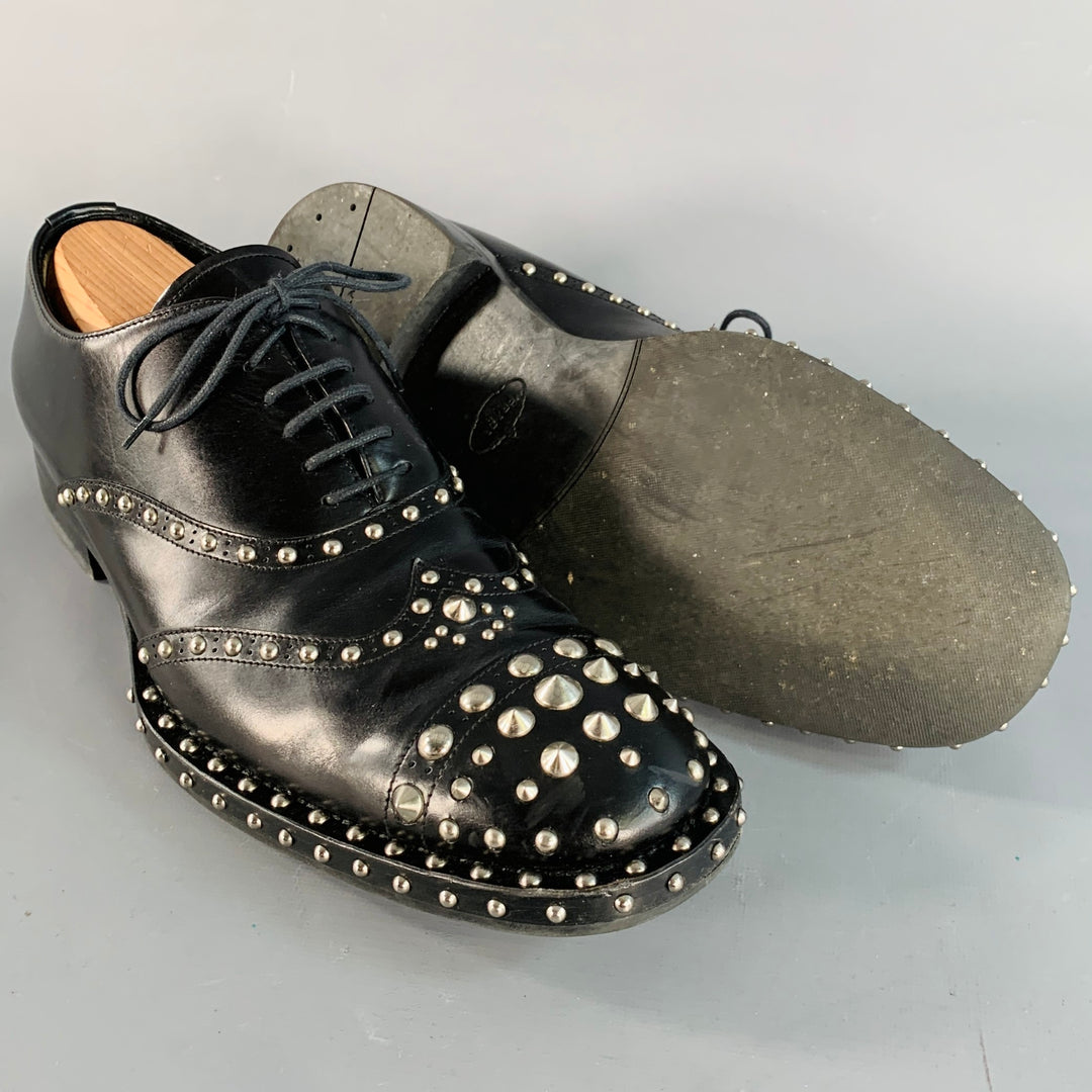 PRADA Size 10 Black Silver Studded Leather Cap Toe Lace Up Shoes
