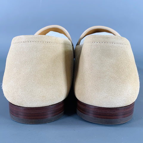 GUCCI Size 12.5 Beige Navy Red Ribbon Trim Suede Loafers