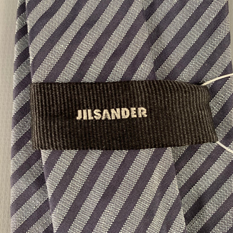 JIL SANDER Grey Navy Diagonal Stripe Silk Tie