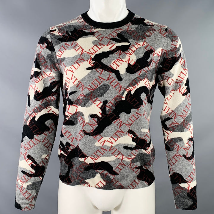VALENTINO Size S Grey Black White Knit Camouflage Logo Cashmere Crew Neck Pullover