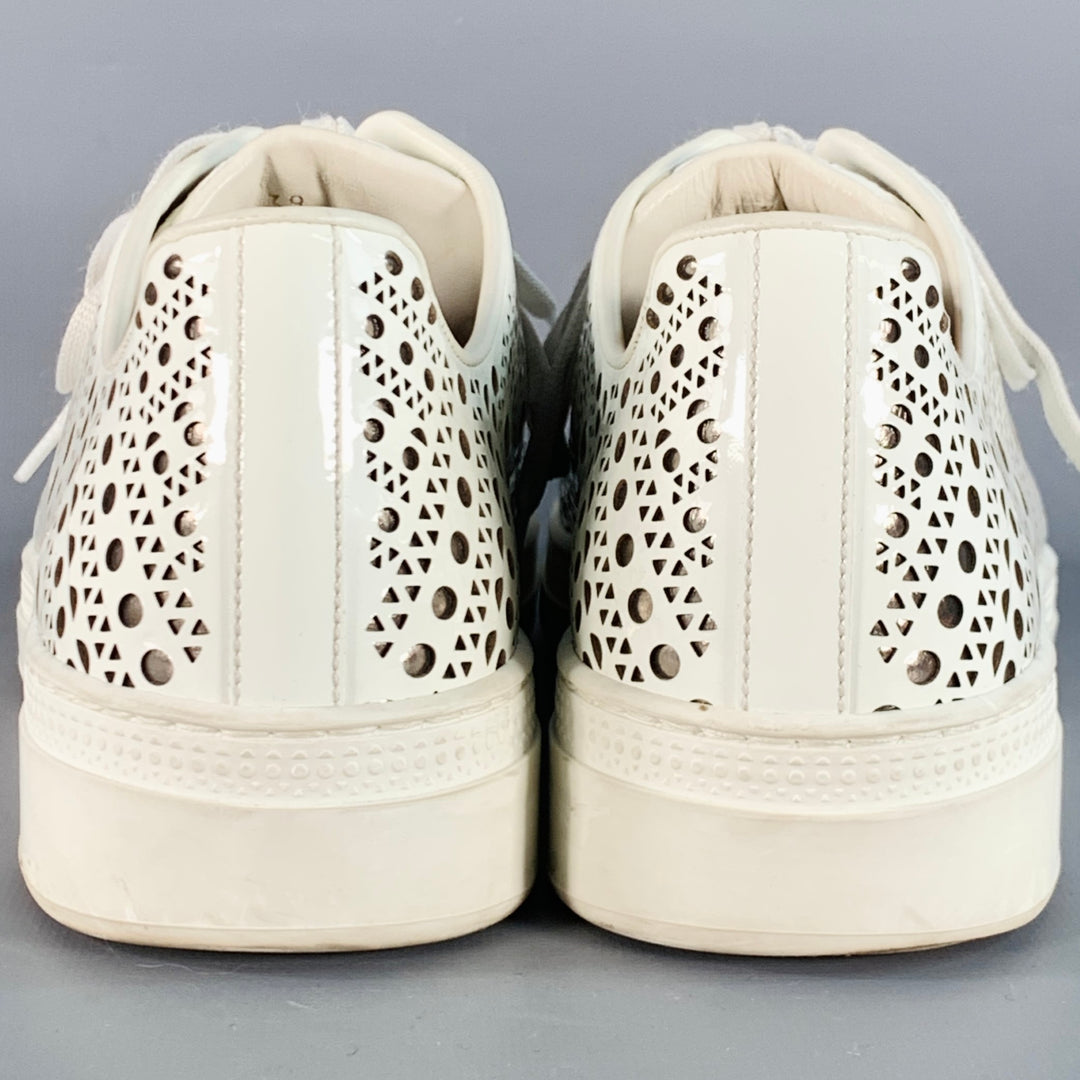ALAIA Size 9 White Silver Perforated Patent Leather Low Top Sneakers