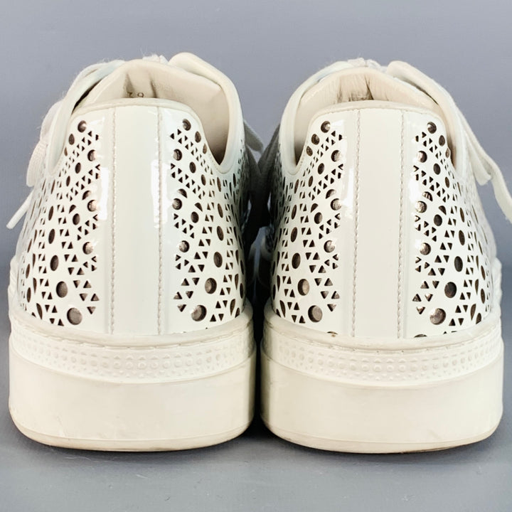 ALAIA Size 9 White Silver Perforated Patent Leather Low Top Sneakers
