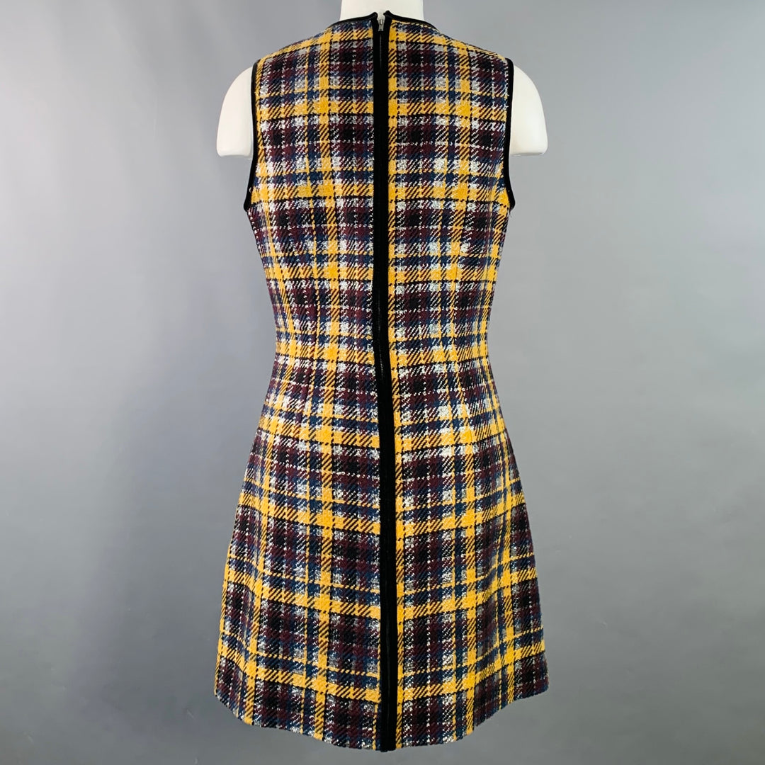 MSGM Size 8 Yellow Black Silver Wool Blend Ruffle Plaid Mini Dress