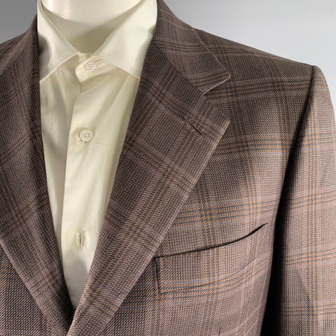 BRIONI Size 42 Brown Orange & Blue Tartan Linen Wool Sport Coat