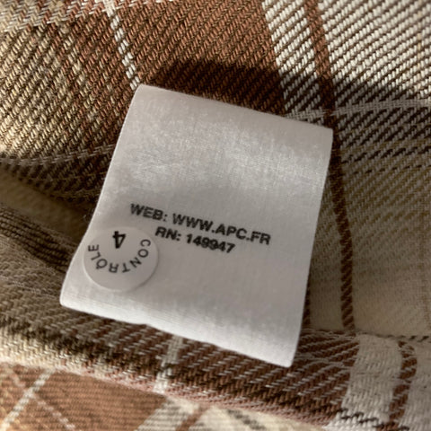 APC Size M Brown Beige Plaid Cotton Linen Button Up Long Sleeve Shirt
