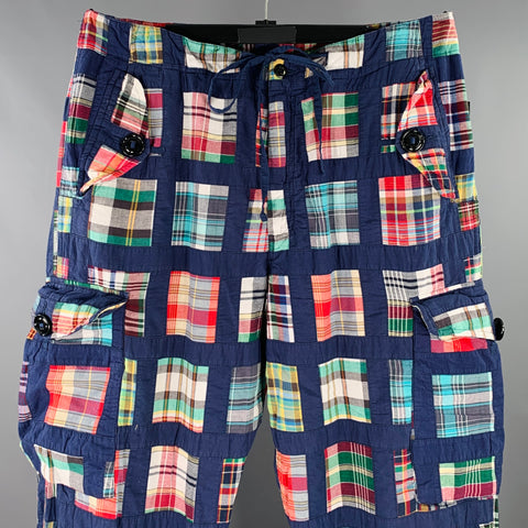 MONITALY Size M Navy Multi Color Patchwork Cotton Cargo Pockets Casual Pants