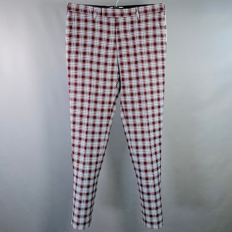 MSGM Size 34 Burgundy Blue Plaid Wool Acrylic Button Fly Dress Pants