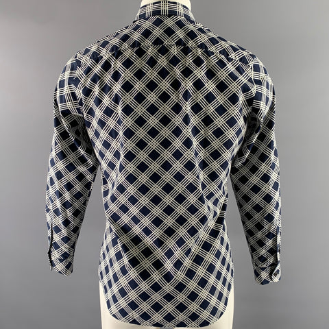 PRADA Size S Navy White Geometric Pointed Collar Long Sleeve Shirt