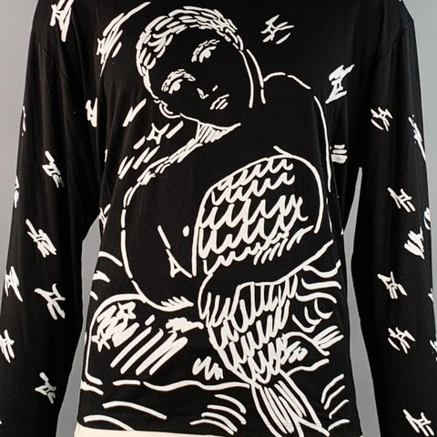 CARNE BOLLENTE Size XXL Black White Merman Print Lyocell Blend Crew Neck Pullover