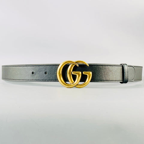 GUCCI Size 36 Black Gold Monogram Leather Belt