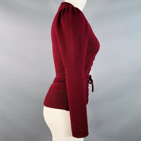 GUCCI Vintage Size S Burgundy Wool Blend Knit Puff Shoulder Tie Cardigan