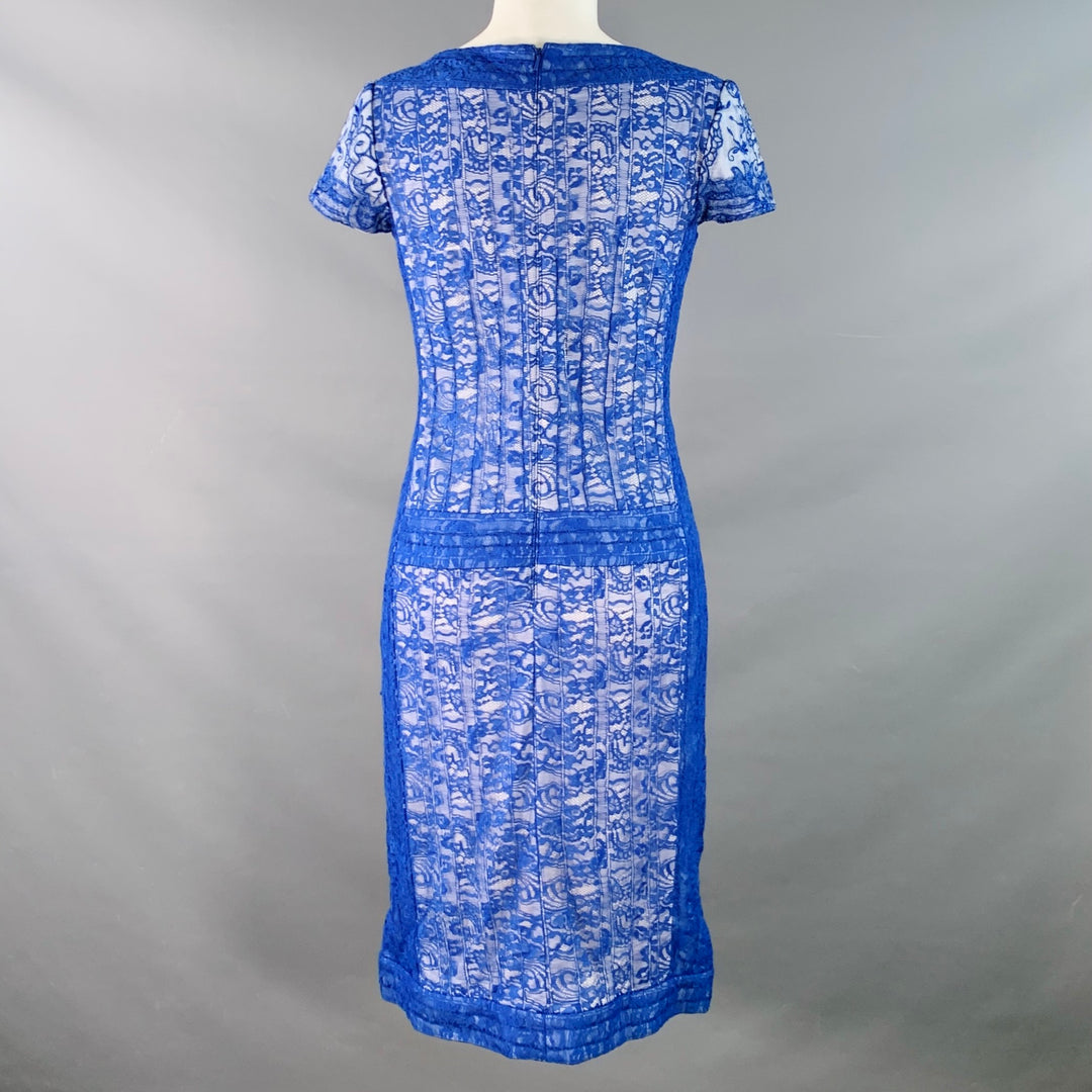 TADASHI SHOJI Size 6 Blue White Rayon Blend Lace Short Sleeve Cocktail Sui Generis Designer Consignment TADASHI SHOJI Size 6 Blue White Rayon Blend Lace Short Sleeve Cocktail Sui Generis Designer Consignment