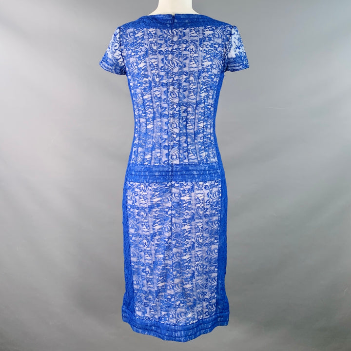 TADASHI SHOJI Size 6 Blue White Rayon Blend Lace Short Sleeve Cocktail Dress