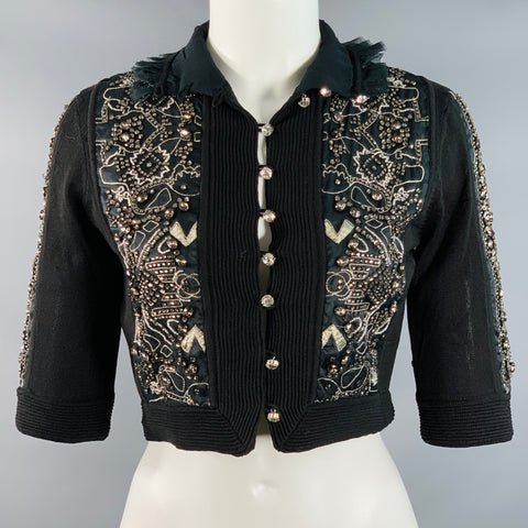 CHRISTIAN LACROIX Size S Black Silver Silk Beaded Cropped Cardigan