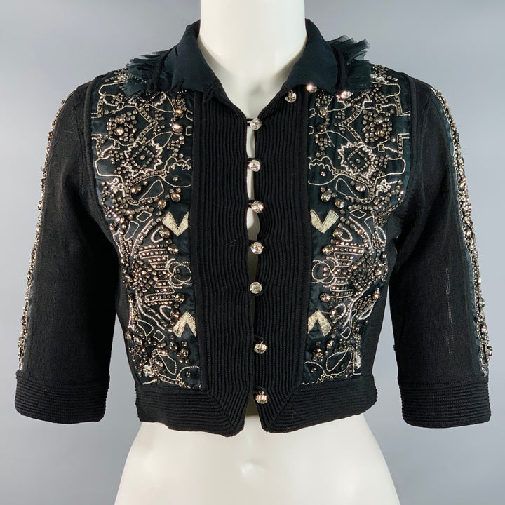CHRISTIAN LACROIX Size S Black Silver Silk Beaded Cropped Cardigan