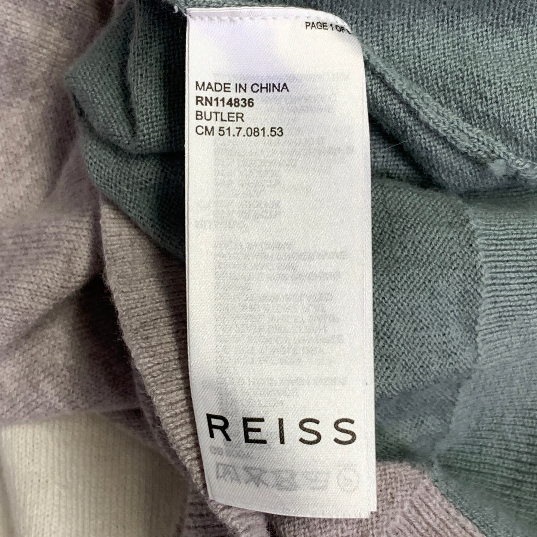 REISS Size M Butler Cream Beige Sage Green Color Block Wool Cotton Jersey Zip Up Polo