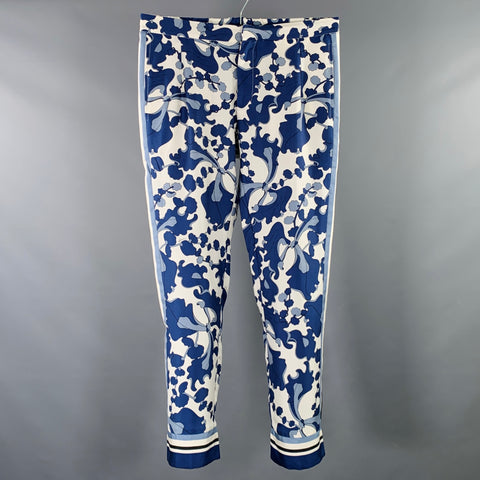 GUCCI Size 32 Blue White Floral Silk Elastic Waistband Casual Pants