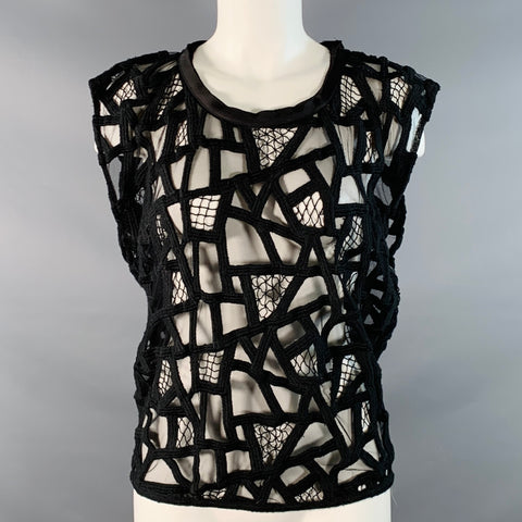 IRO Size 8 Black Mesh Geometric Crew Neck Sleeveless Casual Top
