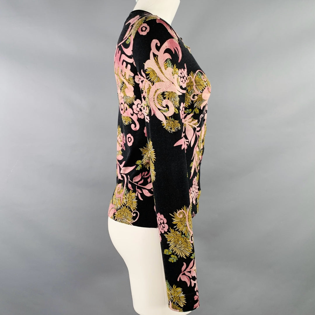 CHRISTIAN DIOR Size 6 Black Purple Wool Blend Abstract Floral Cardigan