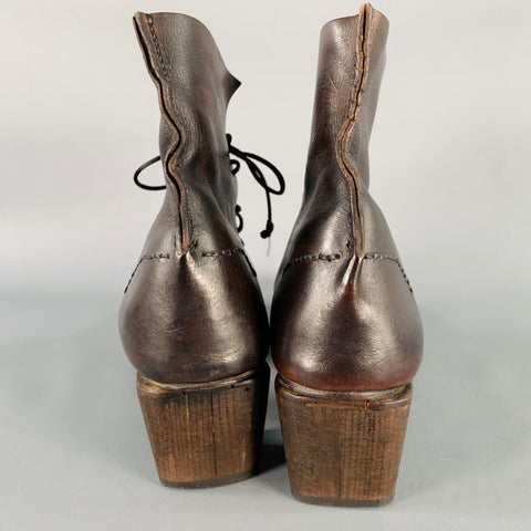 MUNOZ VRANDECIC Size 8 Brown Gold Leather Paint Splattered Wooden Heel Lace-Up Boots