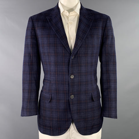 BRUNELLO CUCINELLI Size 46 Navy Brown Plaid Linen Blend Sport Coat