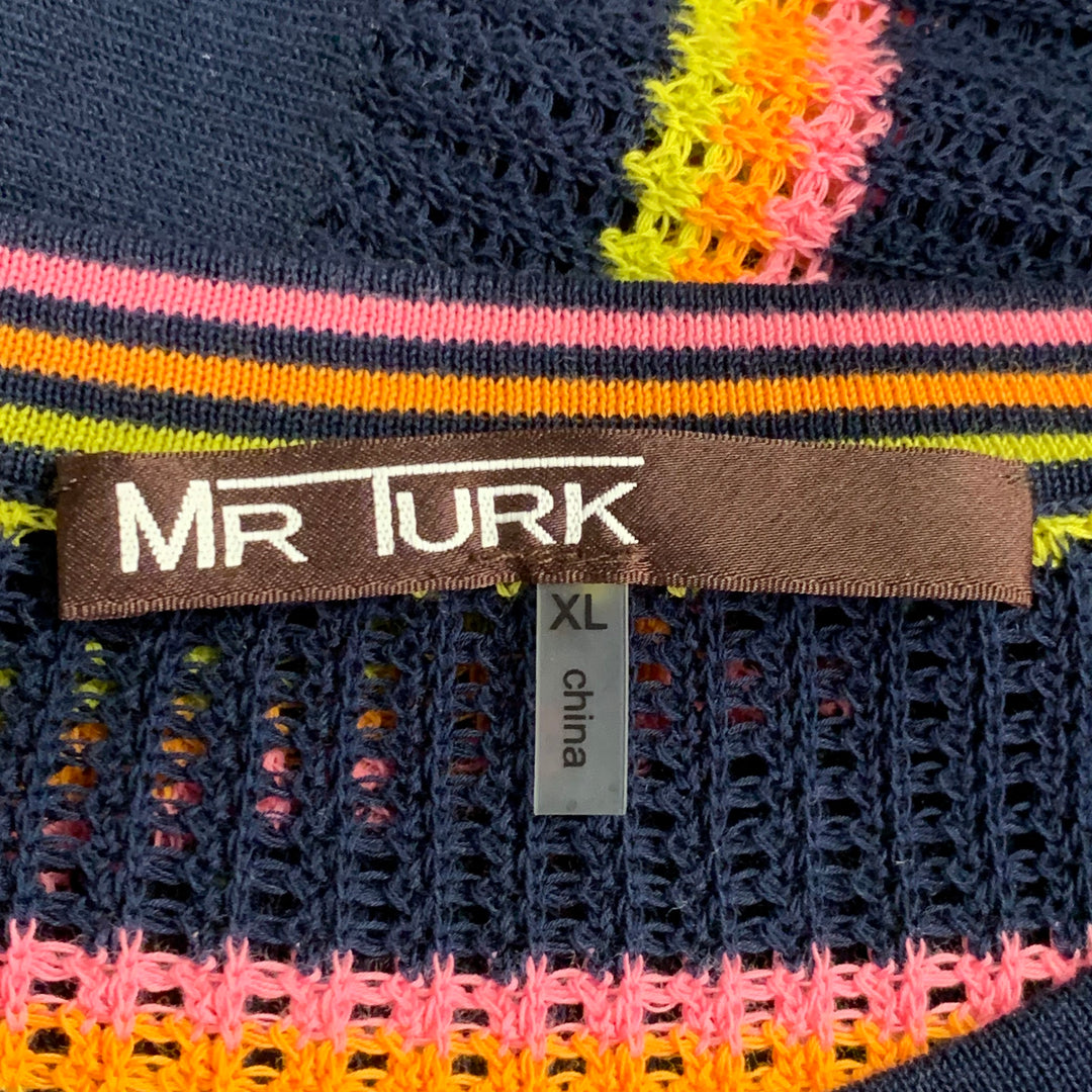 MR TURK Size XL Navy Multi Color Stripe Cotton Knit Mesh T-shirt