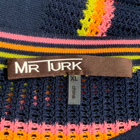 MR TURK Size XL Navy Multi Color Stripe Cotton Knit Mesh T-shirt